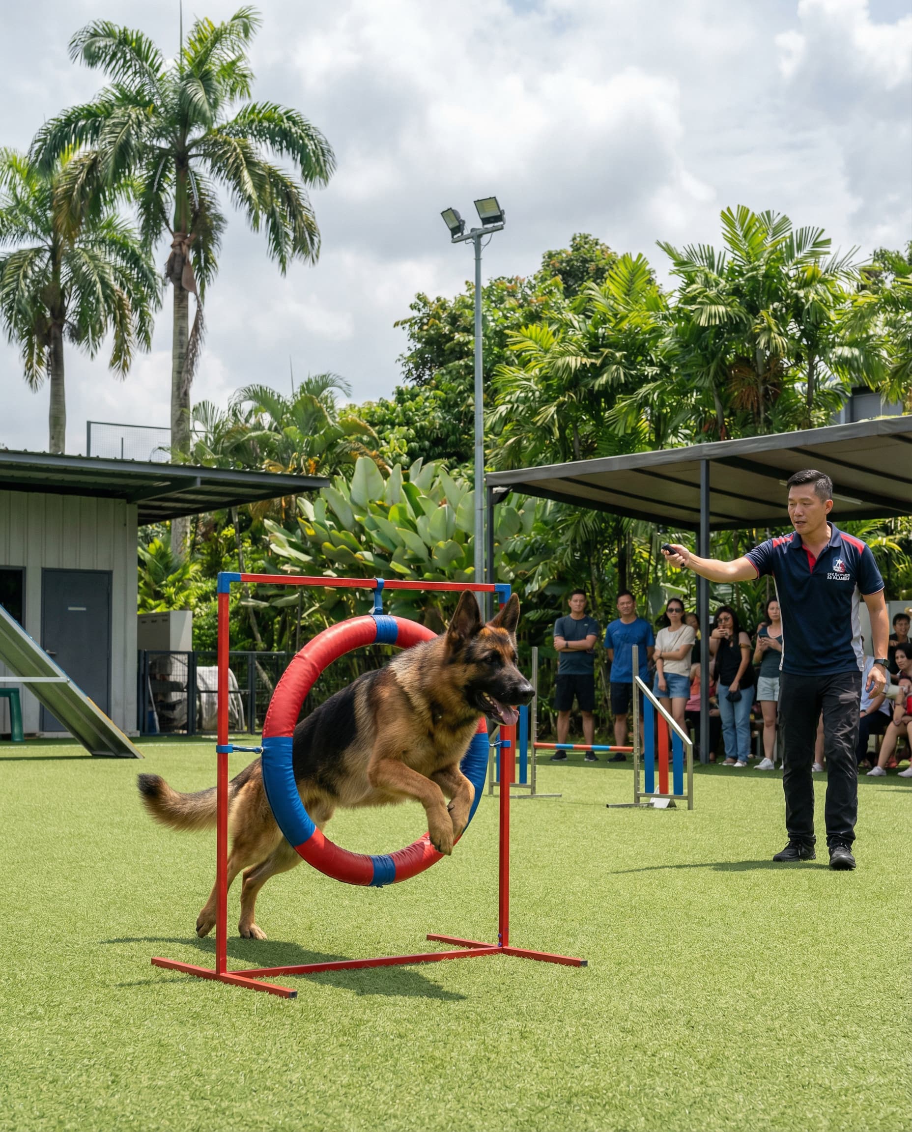 German Shepherd performing advanced dog training exercises and agility in Singapore
