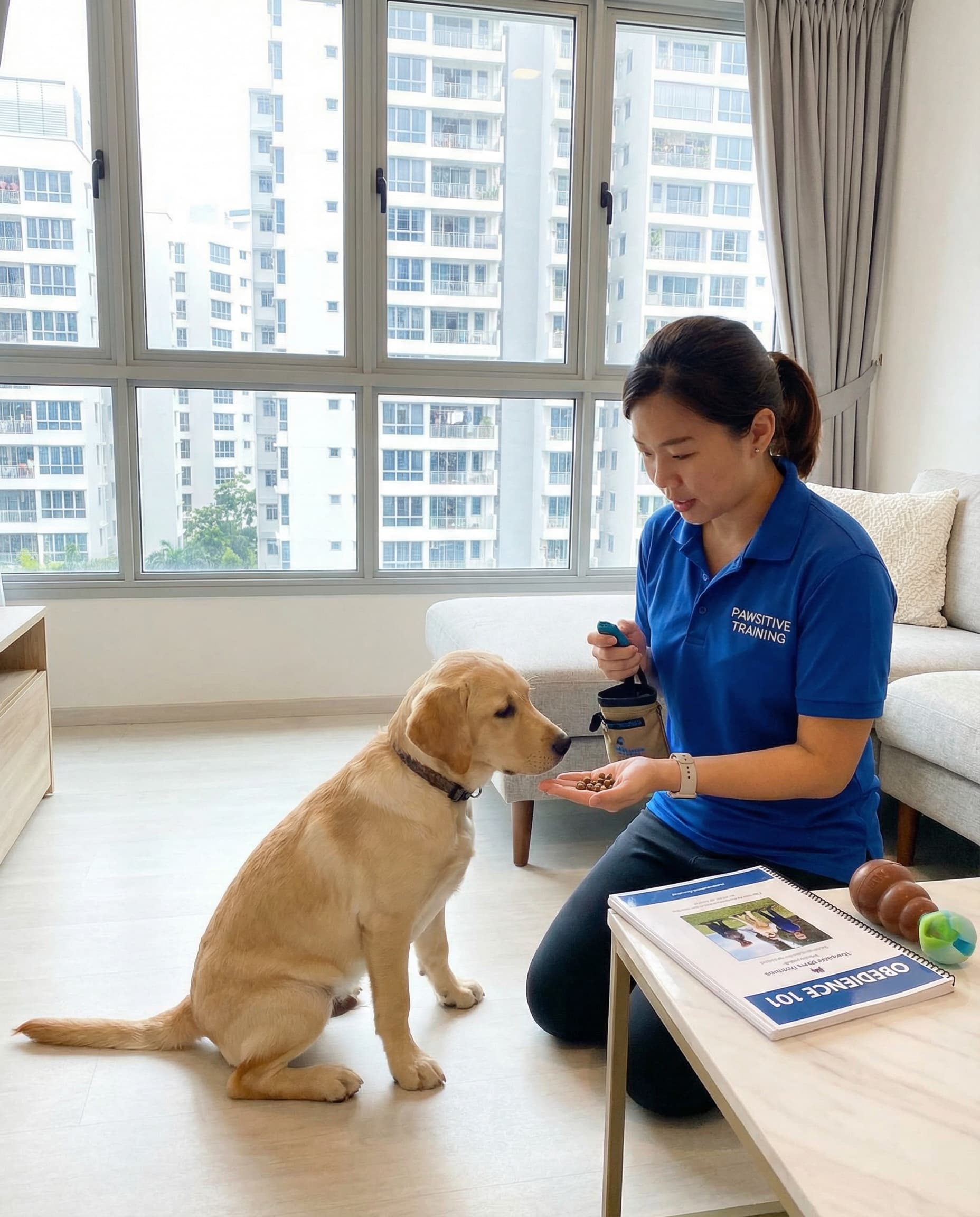 Happy Labrador puppy learning basic obedience dog training commands in Singapore HDB flat