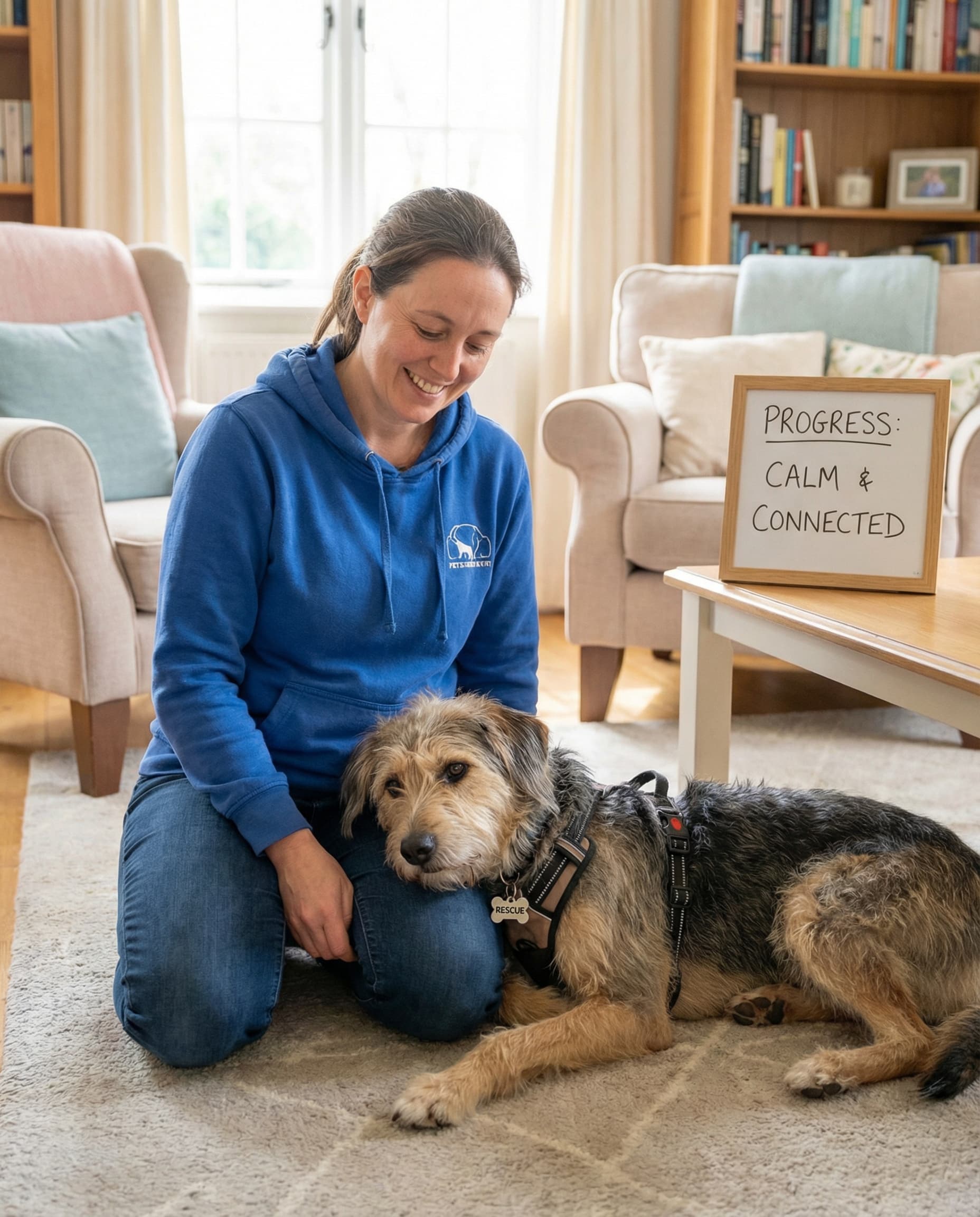 Behavioral correction training for anxious rescue dog showing successful transformation in Singapore