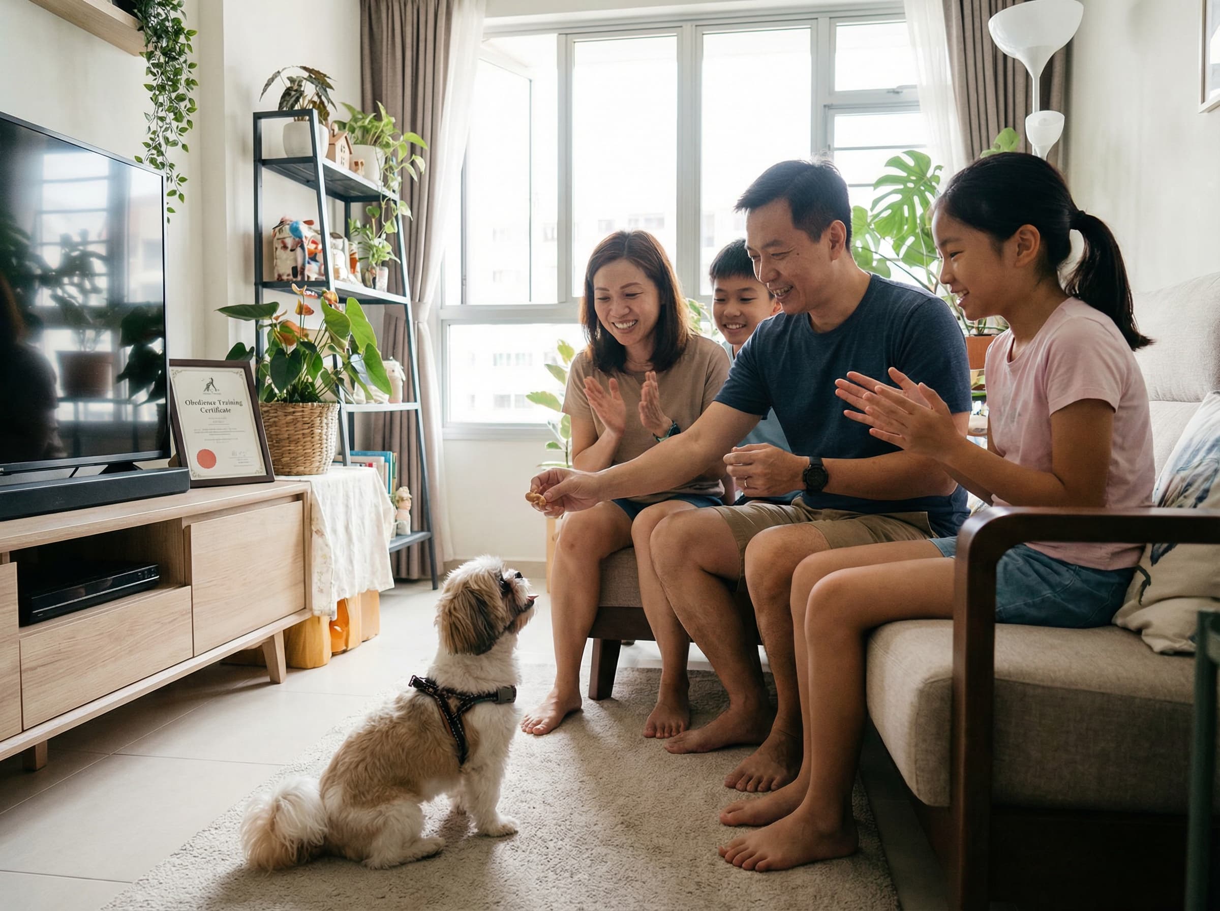 Happy Singapore family with trained Shih Tzu showing successful dog training results in HDB flat