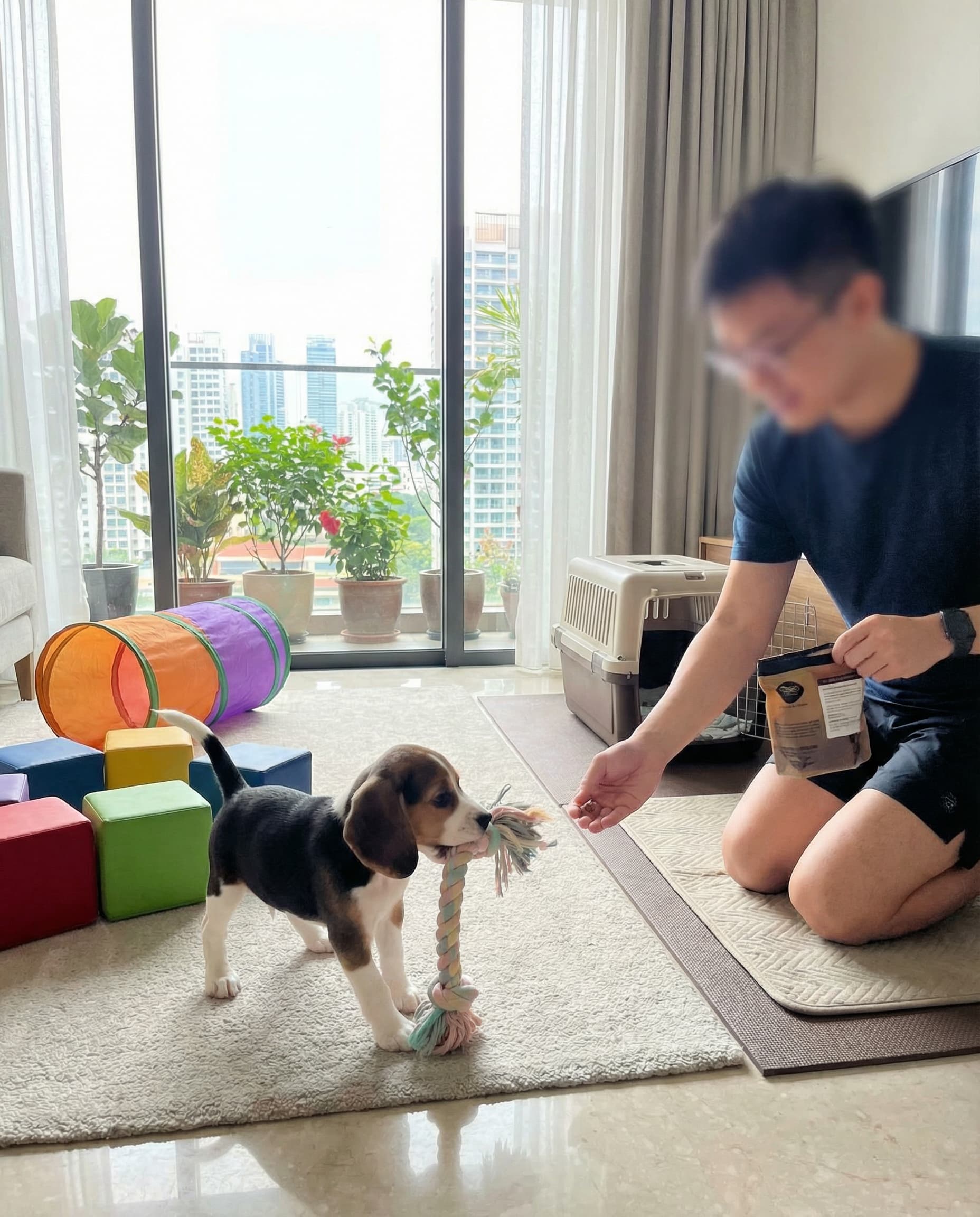 Adorable puppy during first training session learning socialization in Singapore home
